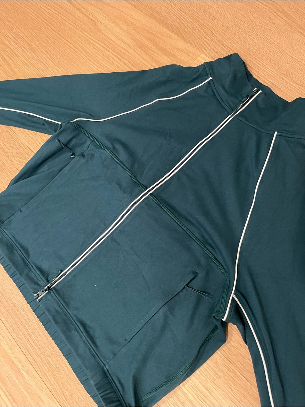 Aerie Offline dark green zip up jacket with white piping